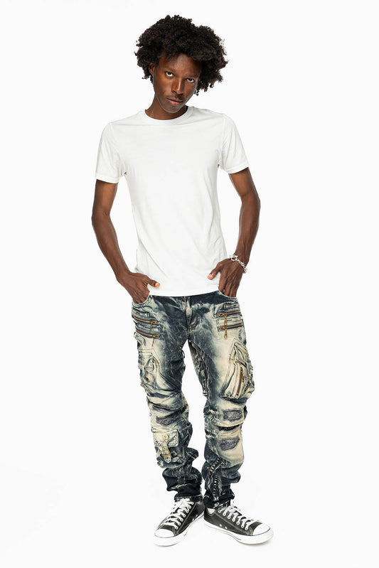RAPTOR MILITARY STYLE CARGO JEAN IN LE MANS DESTROY WASH EMBELISHED WITH CRYSTALS AND NAIL HEADS