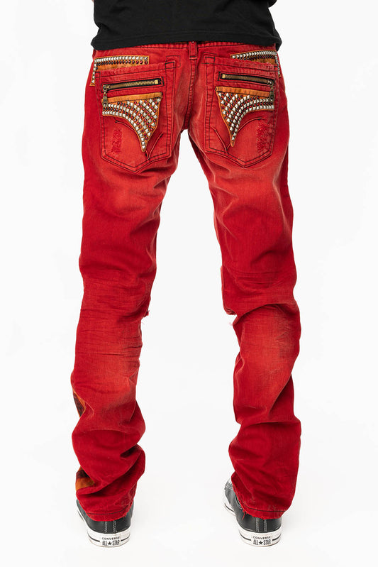 MINI FLAP MENS SLIM JEANS IN F-UP RED BROKEN WASH WITH CRYSTALS AND STUDS