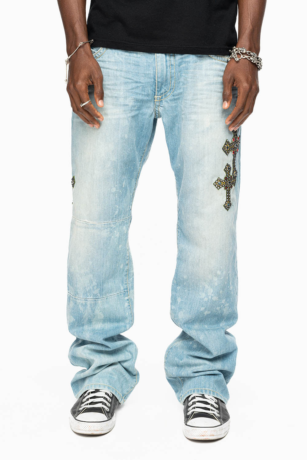 ROBIN’S BOOT CUT JEAN IN 5D LIGHT WASH EMBELLISHED WITH MULTIPLE CROSS PATCHES AND CRYSTALS ALL OVER