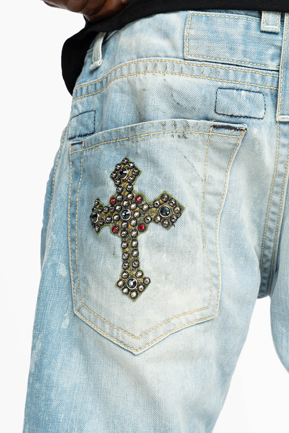ROBIN’S BOOT CUT JEAN IN 5D LIGHT WASH EMBELLISHED WITH MULTIPLE CROSS PATCHES AND CRYSTALS ALL OVER