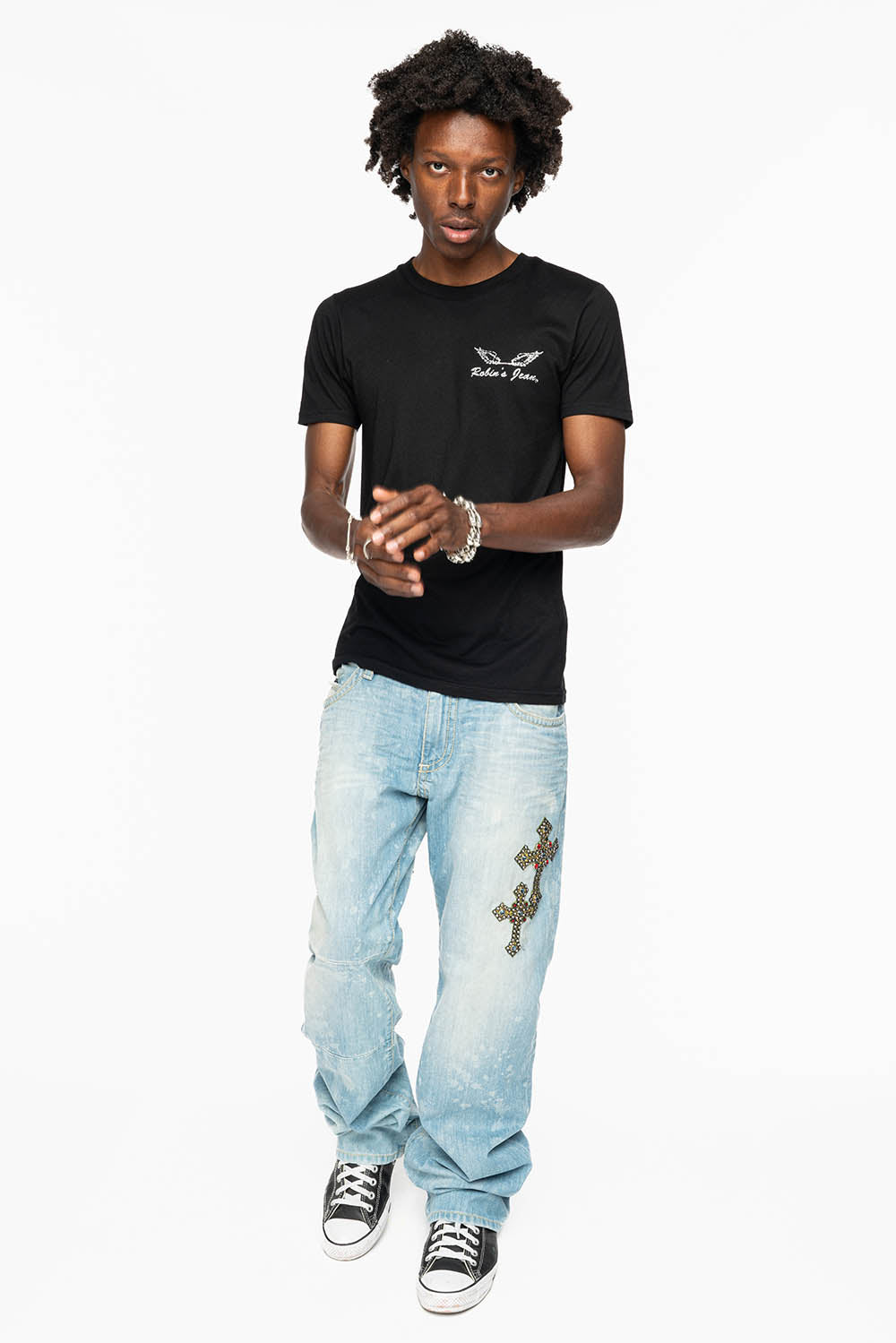 ROBIN’S BOOT CUT JEAN IN 5D LIGHT WASH EMBELLISHED WITH MULTIPLE CROSS PATCHES AND CRYSTALS ALL OVER