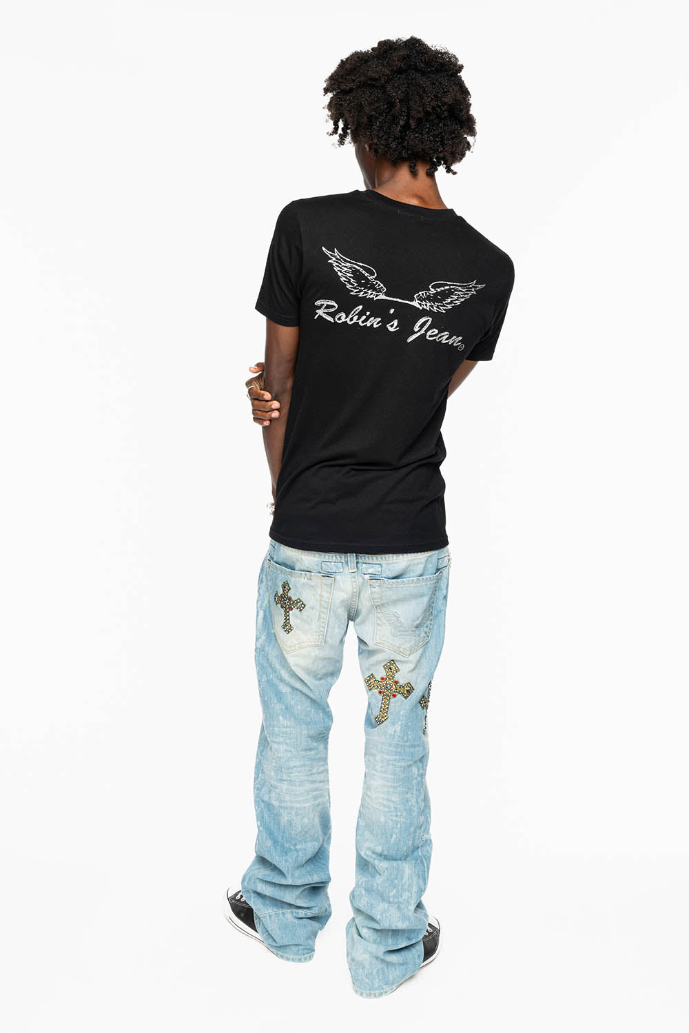 ROBIN’S BOOT CUT JEAN IN 5D LIGHT WASH EMBELLISHED WITH MULTIPLE CROSS PATCHES AND CRYSTALS ALL OVER