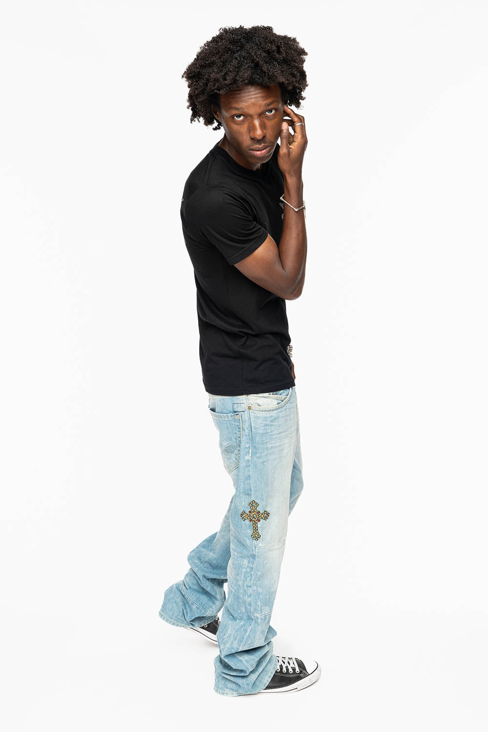 ROBIN’S BOOT CUT JEAN IN 5D LIGHT WASH EMBELLISHED WITH MULTIPLE CROSS PATCHES AND CRYSTALS ALL OVER