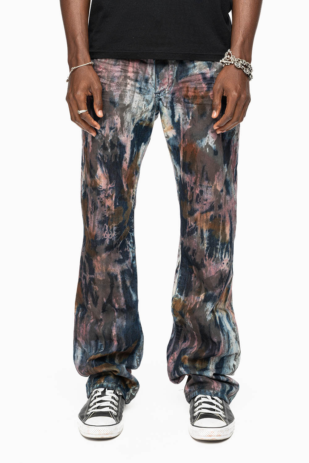 MENS LONG FLAP BOOT CUT JEANS IN BABA RED WASH WITH RED AND BLK DIAMOND CRYSTALS