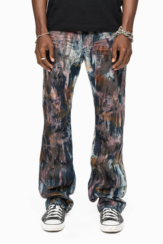 MENS LONG FLAP BOOT CUT JEANS IN BABA RED WASH WITH RED AND BLK DIAMOND CRYSTALS