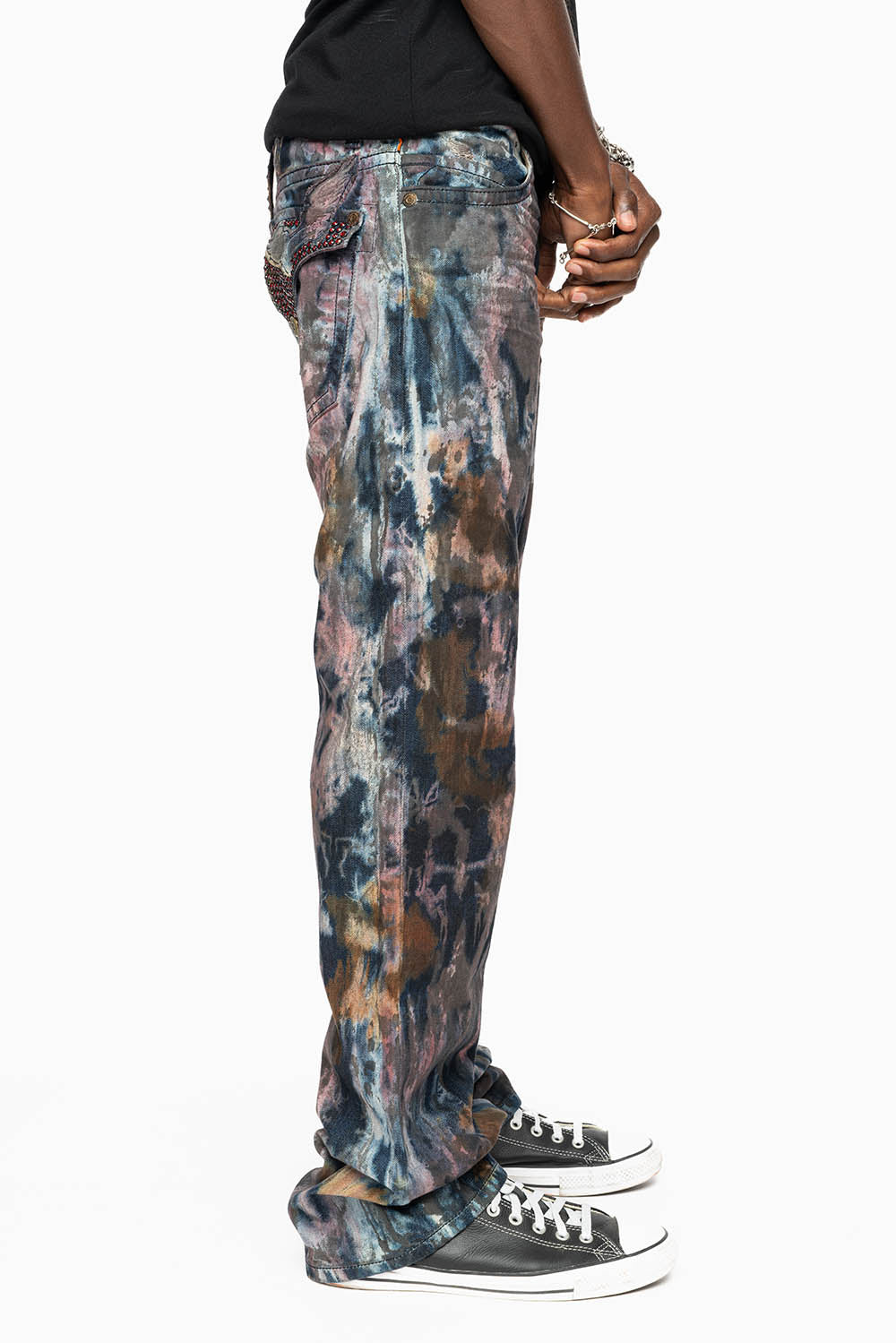 MENS LONG FLAP BOOT CUT JEANS IN BABA RED WASH WITH RED AND BLK DIAMOND CRYSTALS