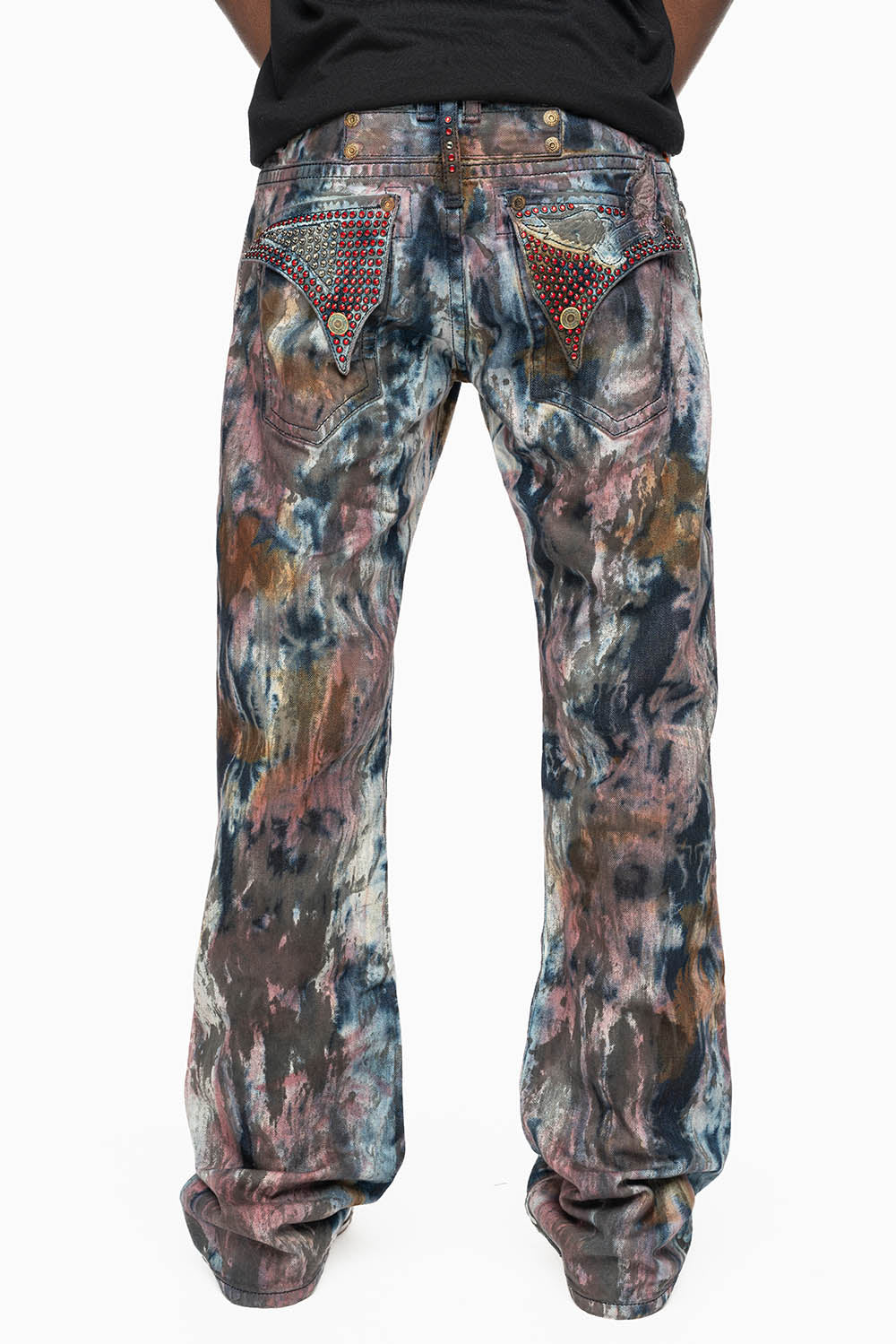 MENS LONG FLAP BOOT CUT JEANS IN BABA RED WASH WITH RED AND BLK DIAMOND CRYSTALS