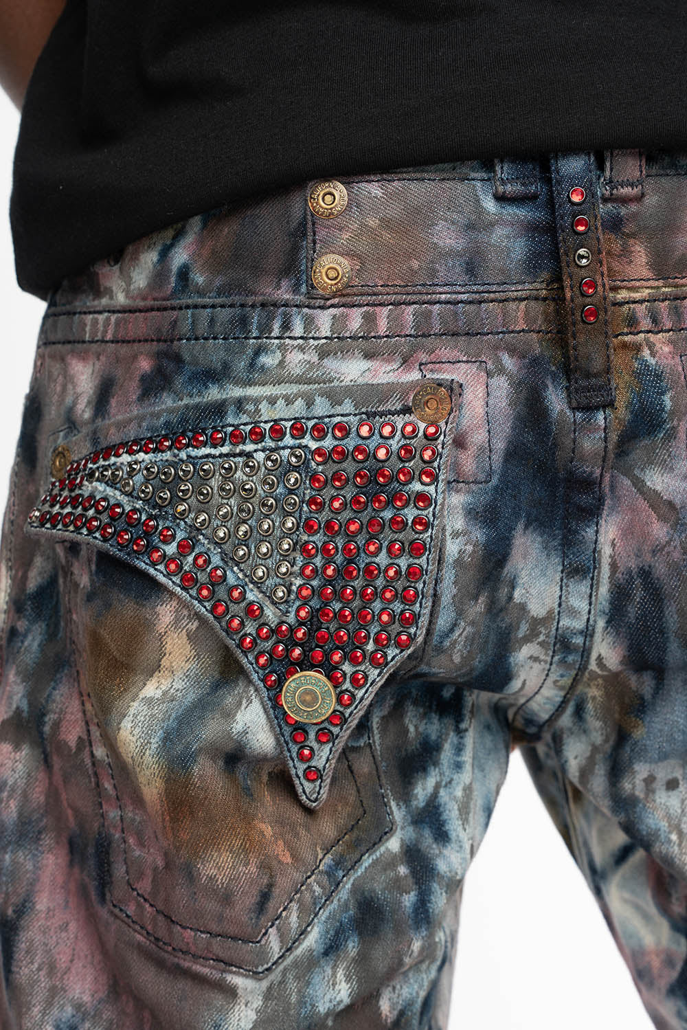MENS LONG FLAP BOOT CUT JEANS IN BABA RED WASH WITH RED AND BLK DIAMOND CRYSTALS