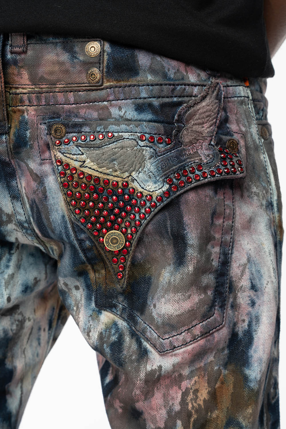 MENS LONG FLAP BOOT CUT JEANS IN BABA RED WASH WITH RED AND BLK DIAMOND CRYSTALS