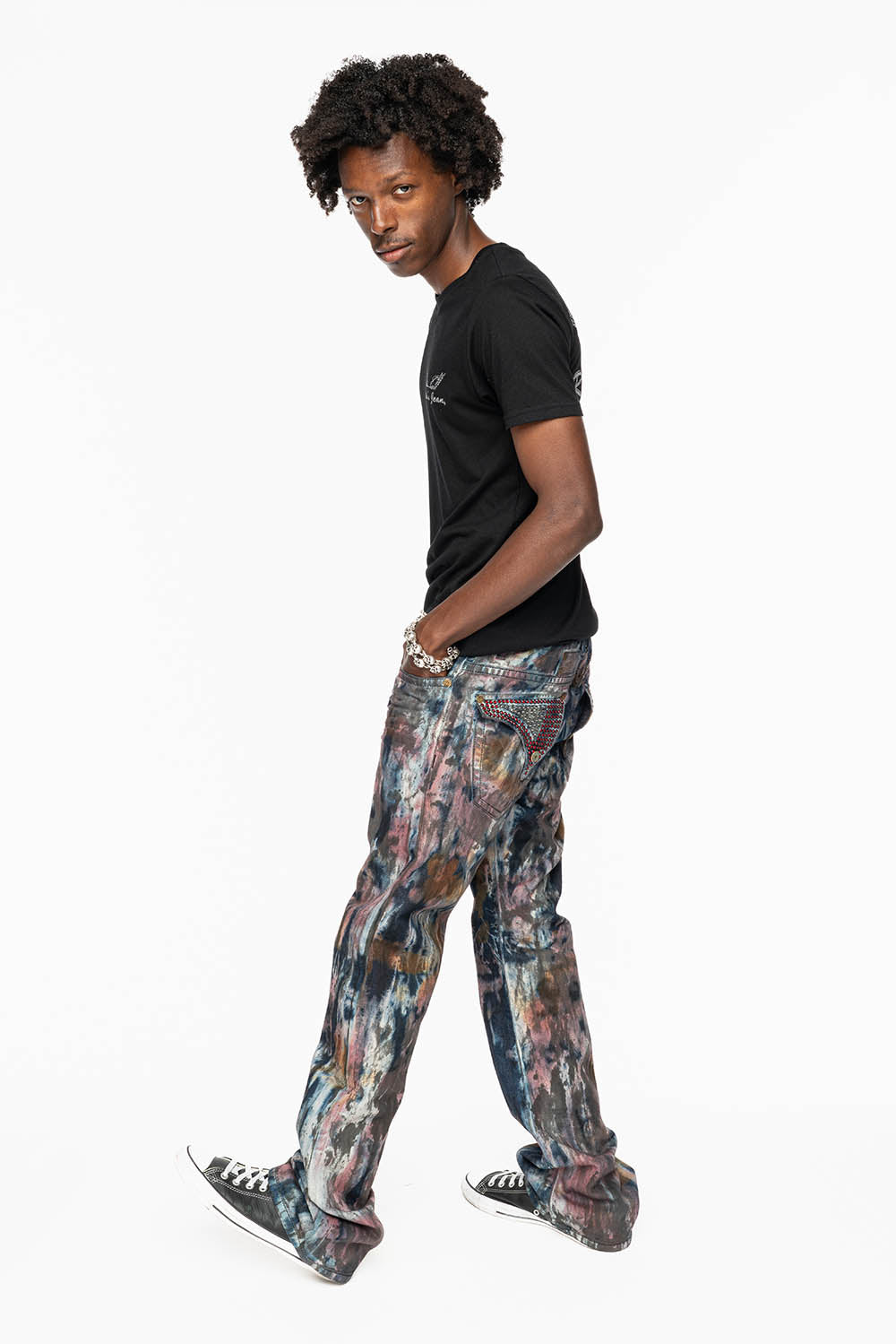 MENS LONG FLAP BOOT CUT JEANS IN BABA RED WASH WITH RED AND BLK DIAMOND CRYSTALS