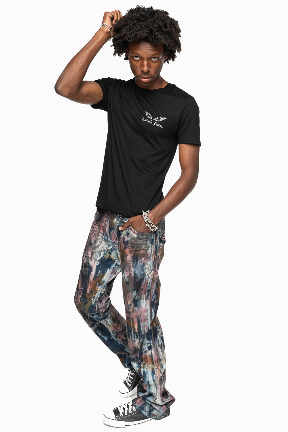 MENS LONG FLAP BOOT CUT JEANS IN BABA RED WASH WITH RED AND BLK DIAMOND CRYSTALS