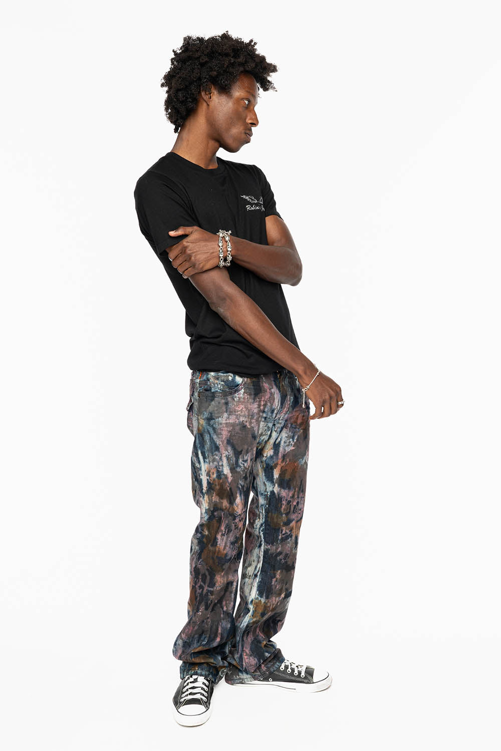 MENS LONG FLAP BOOT CUT JEANS IN BABA RED WASH WITH RED AND BLK DIAMOND CRYSTALS