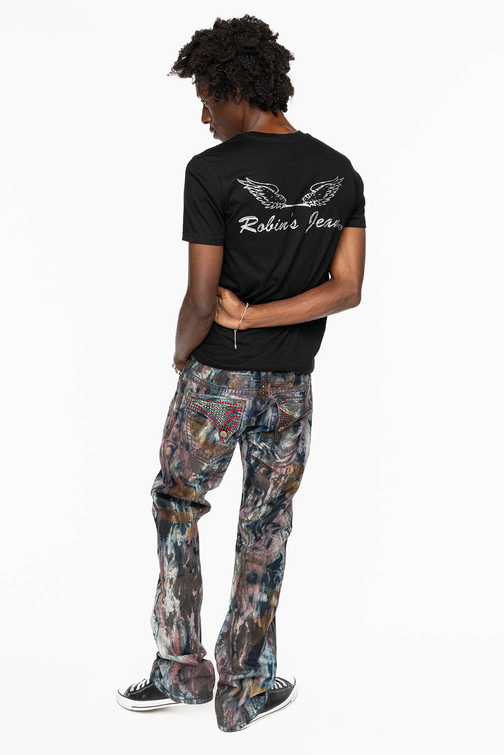 MENS LONG FLAP BOOT CUT JEANS IN BABA RED WASH WITH RED AND BLK DIAMOND CRYSTALS