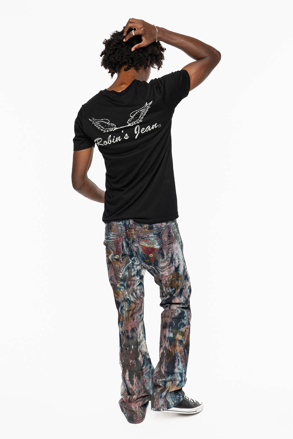 MENS LONG FLAP BOOT CUT JEANS IN BABA RED WASH WITH RED AND BLK DIAMOND CRYSTALS