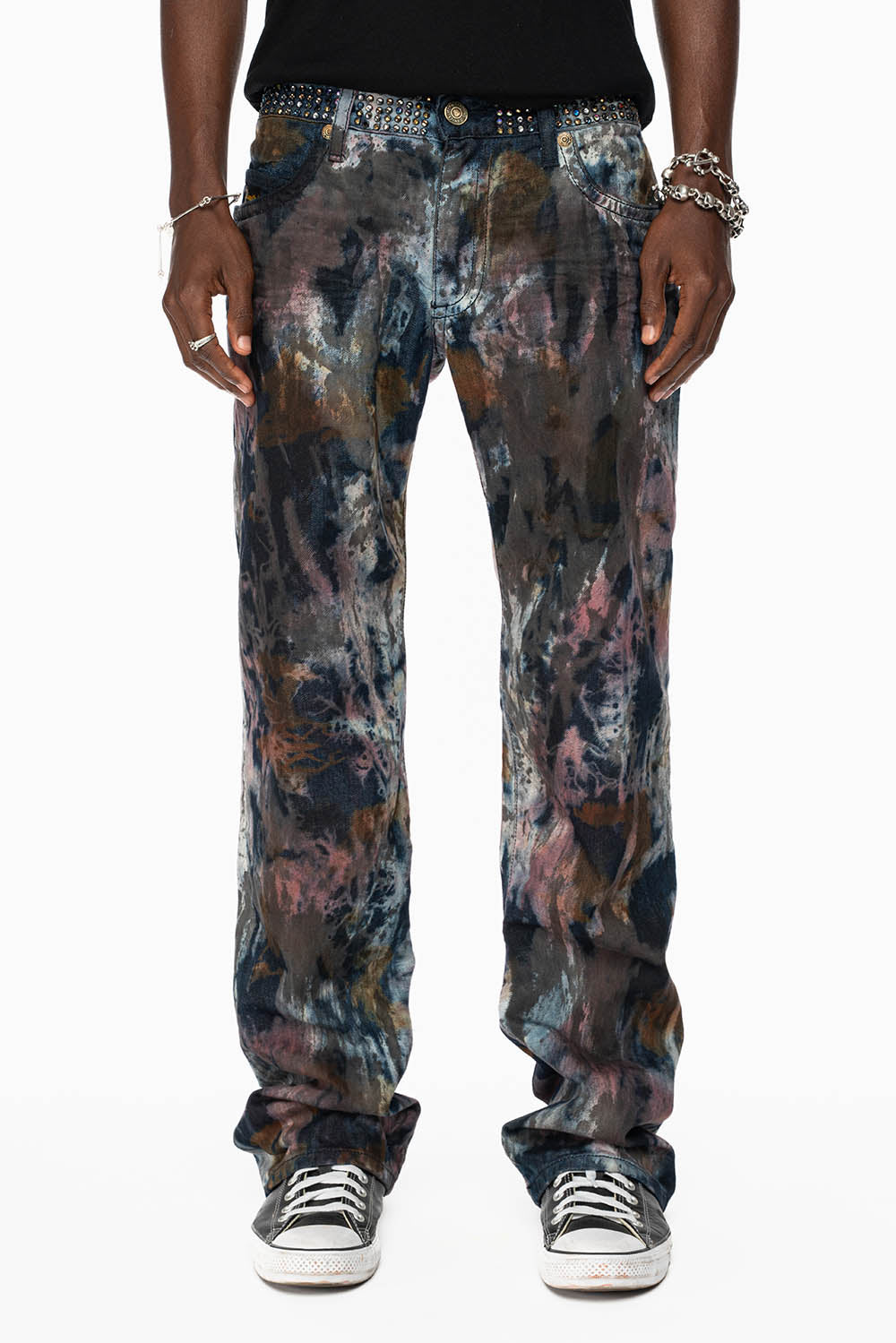 ARCHIVE LIMITED EDITION MENS LONG FLAP BOOT CUT JEANS IN BABA RED WASH WITH CRYSTALS