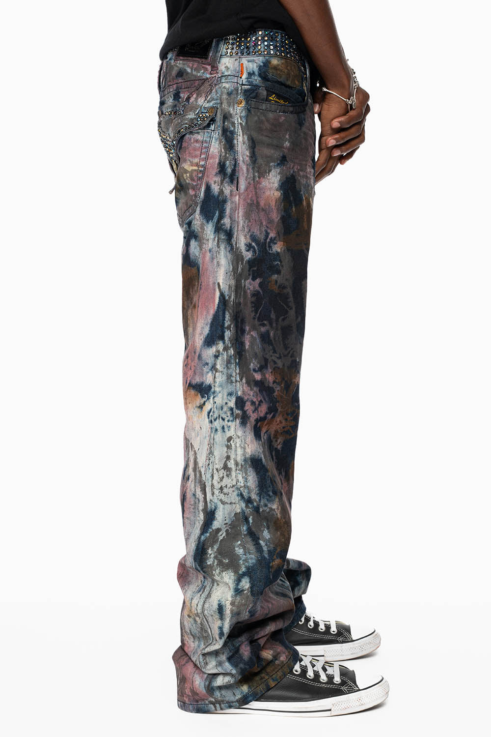 ARCHIVE LIMITED EDITION MENS LONG FLAP BOOT CUT JEANS IN BABA RED WASH WITH CRYSTALS