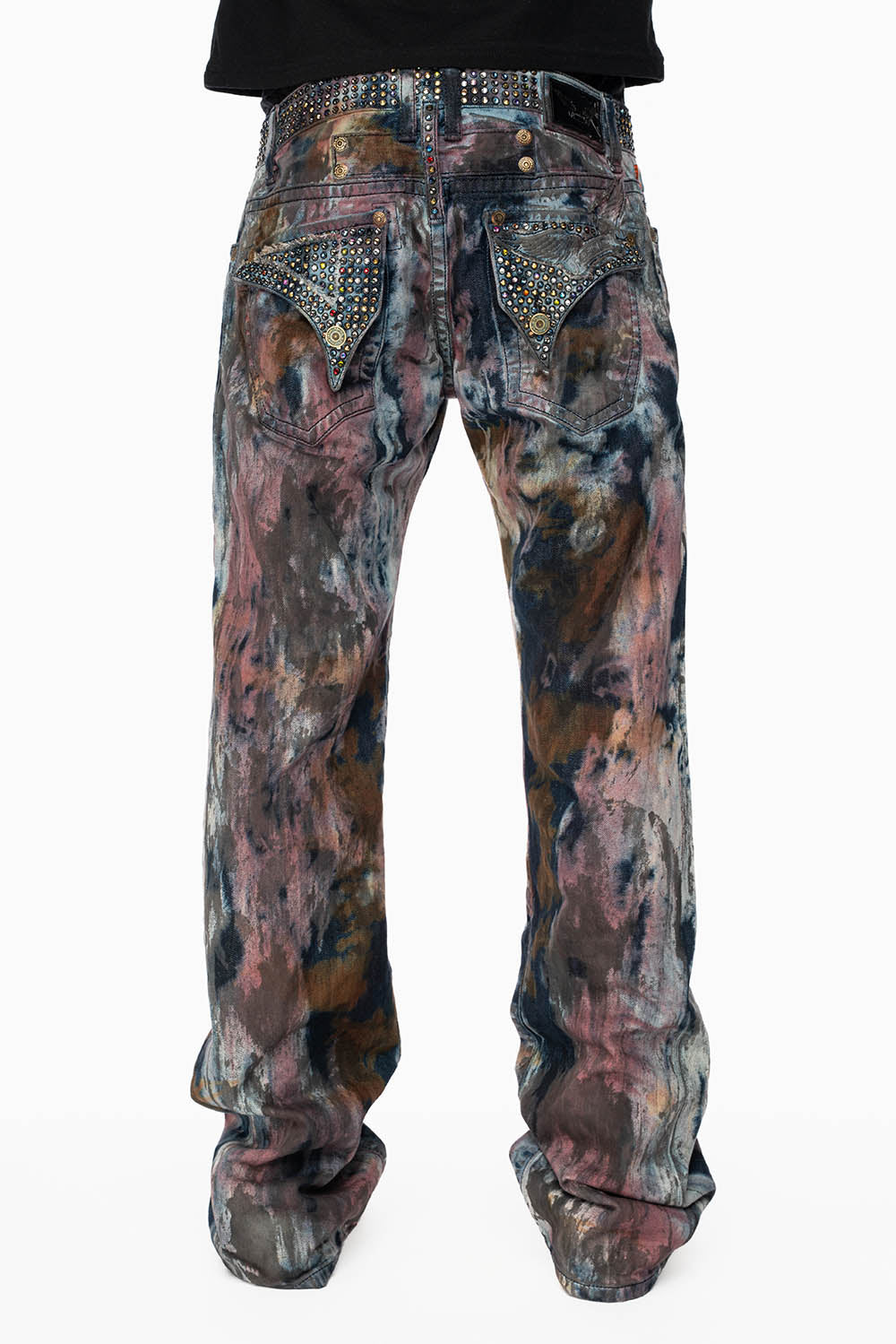 ARCHIVE LIMITED EDITION MENS LONG FLAP BOOT CUT JEANS IN BABA RED WASH WITH CRYSTALS