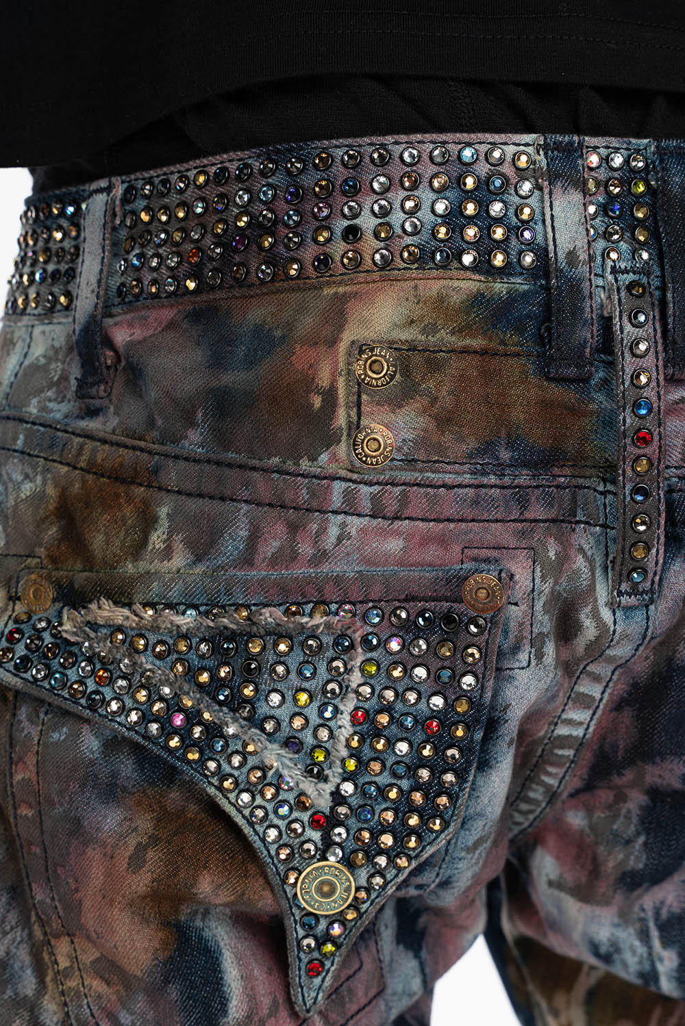 ARCHIVE LIMITED EDITION MENS LONG FLAP BOOT CUT JEANS IN BABA RED WASH WITH CRYSTALS