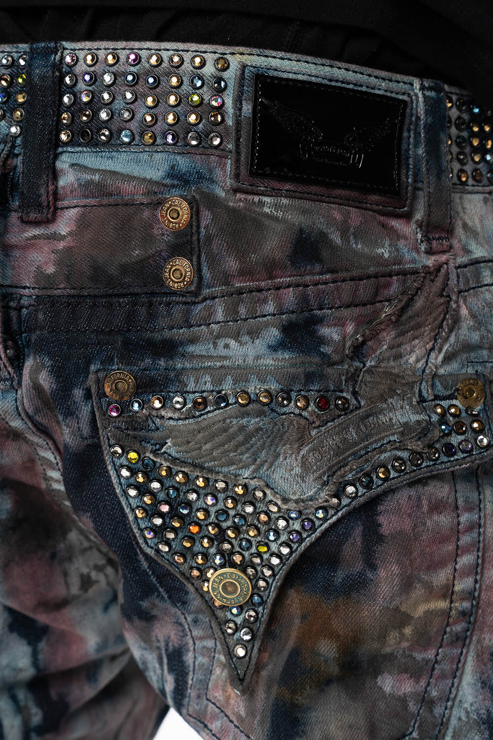 ARCHIVE LIMITED EDITION MENS LONG FLAP BOOT CUT JEANS IN BABA RED WASH WITH CRYSTALS