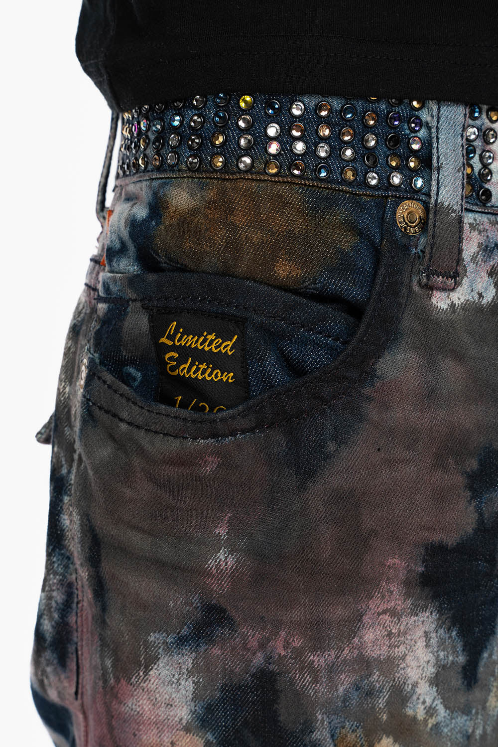 ARCHIVE LIMITED EDITION MENS LONG FLAP BOOT CUT JEANS IN BABA RED WASH WITH CRYSTALS