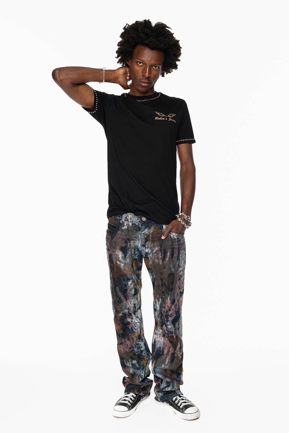 ARCHIVE LIMITED EDITION MENS LONG FLAP BOOT CUT JEANS IN BABA RED WASH WITH CRYSTALS