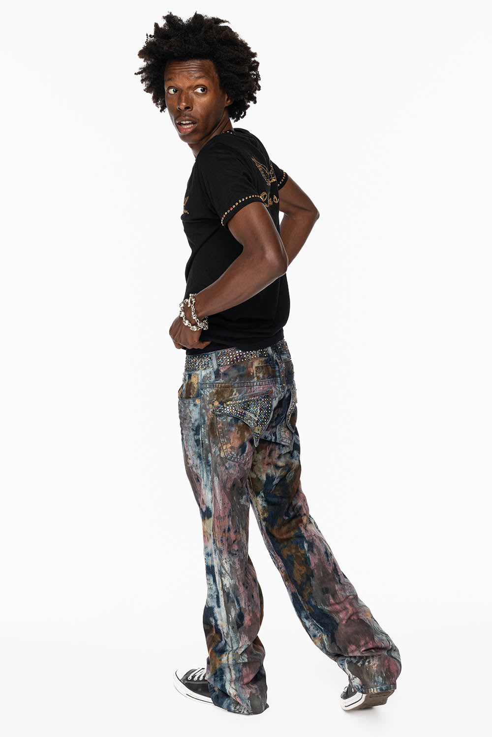 ARCHIVE LIMITED EDITION MENS LONG FLAP BOOT CUT JEANS IN BABA RED WASH WITH CRYSTALS