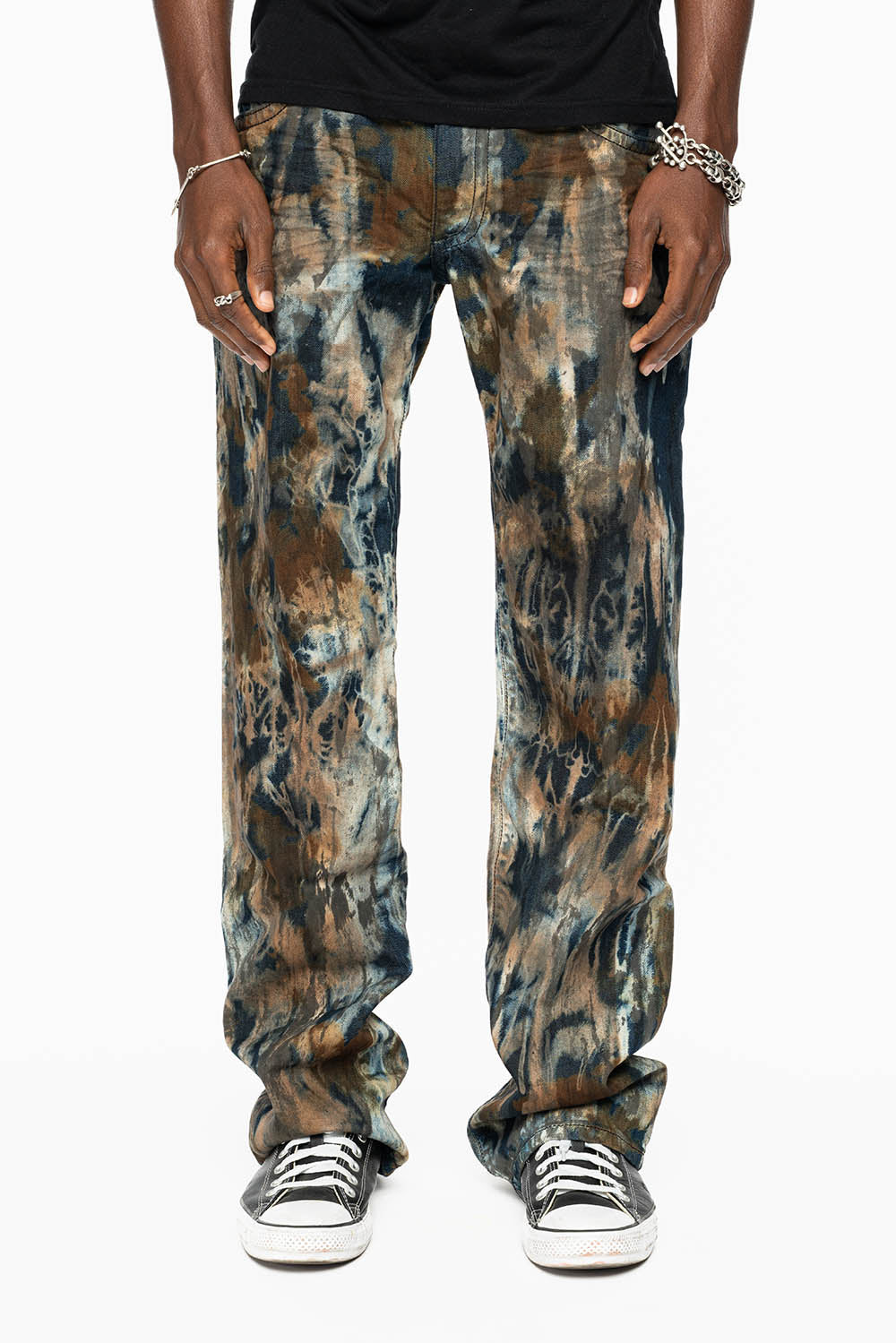 MENS LONG FLAP BOOT CUT JEANS IN BABA BROWN WASH WITH CRYSTALS AND STUDS