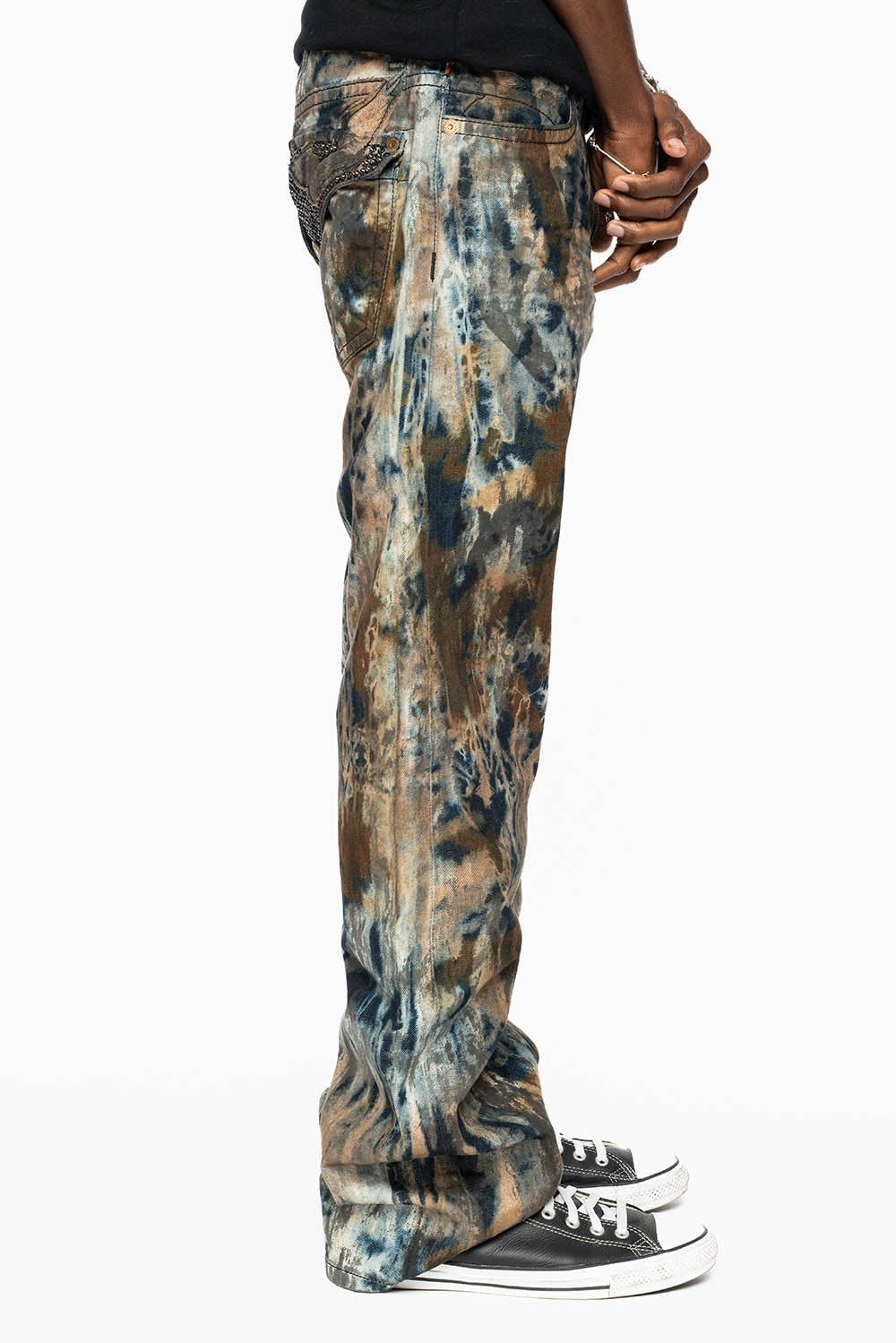 MENS LONG FLAP BOOT CUT JEANS IN BABA BROWN WASH WITH CRYSTALS AND STUDS