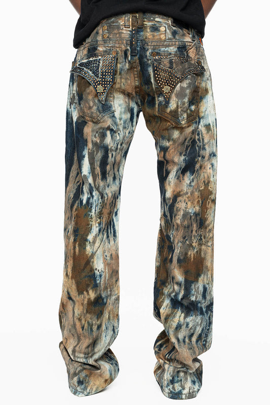 MENS LONG FLAP BOOT CUT JEANS IN BABA BROWN WASH WITH CRYSTALS AND STUDS