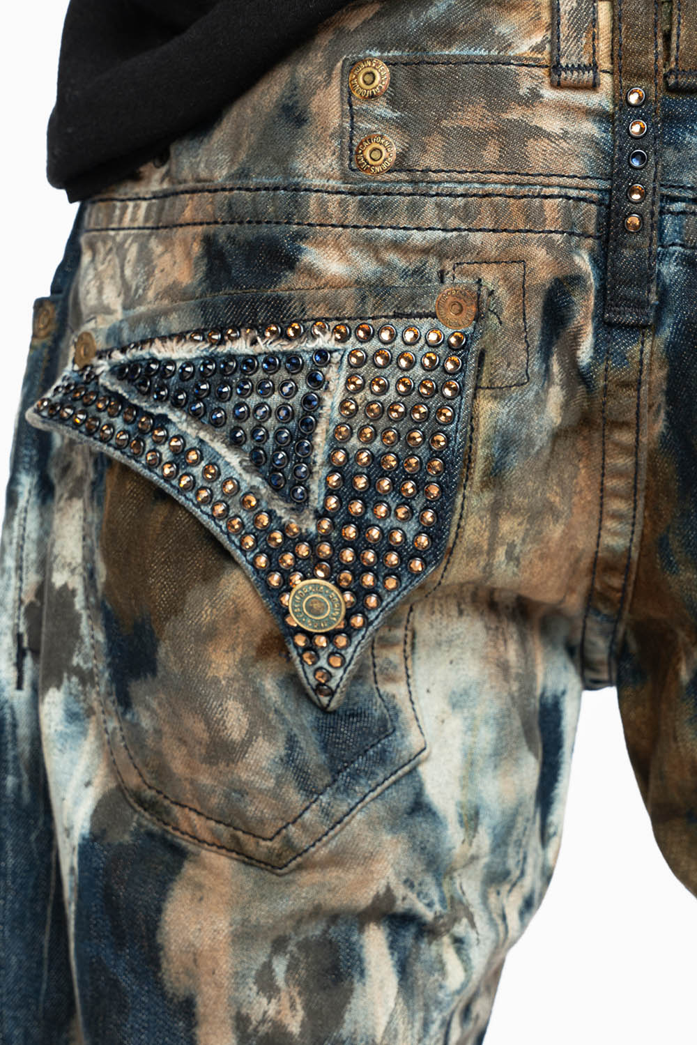 MENS LONG FLAP BOOT CUT JEANS IN BABA BROWN WASH WITH CRYSTALS AND STUDS