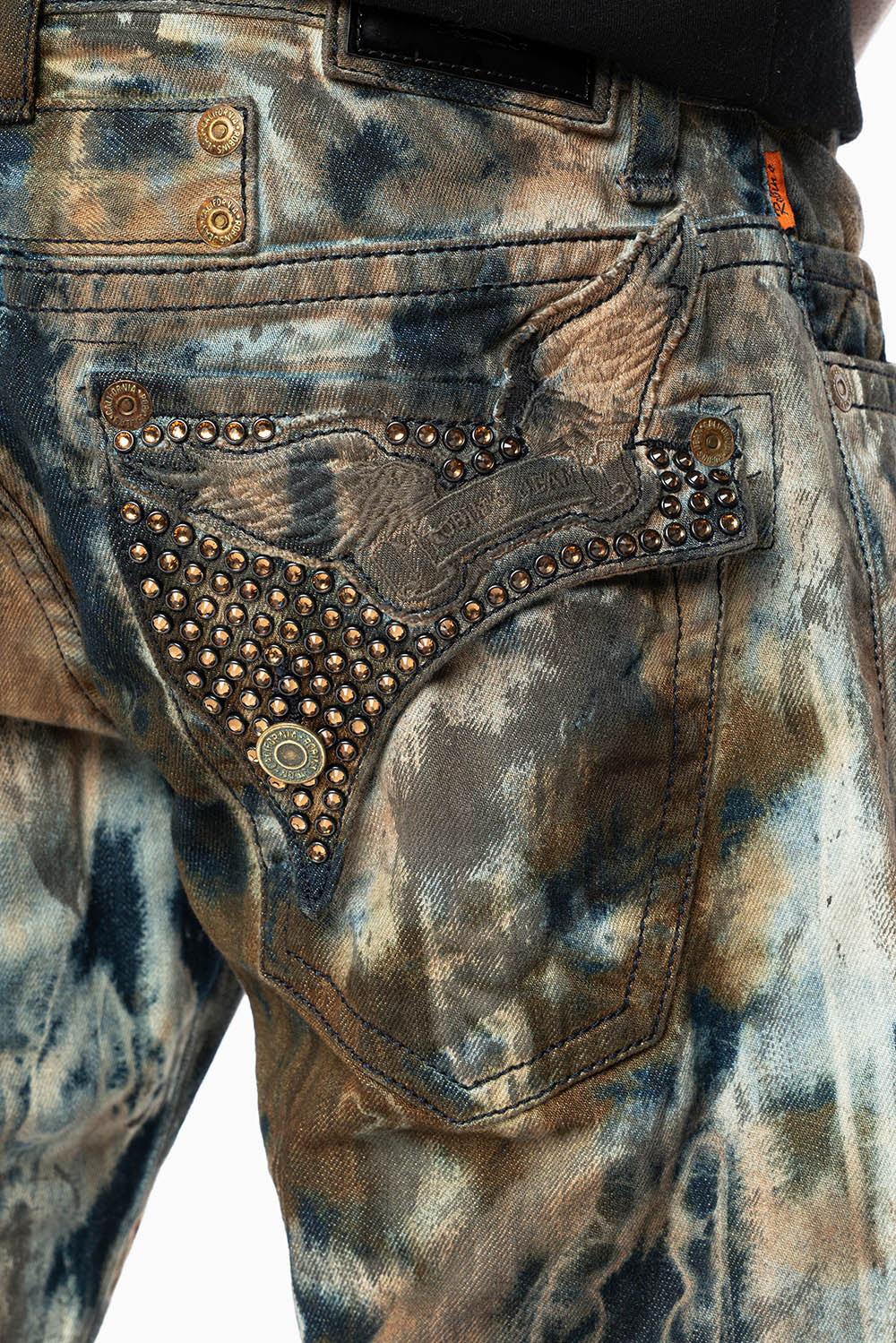 MENS LONG FLAP BOOT CUT JEANS IN BABA BROWN WASH WITH CRYSTALS AND STUDS