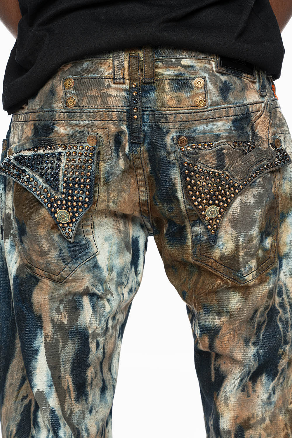 MENS LONG FLAP BOOT CUT JEANS IN BABA BROWN WASH WITH CRYSTALS AND STUDS