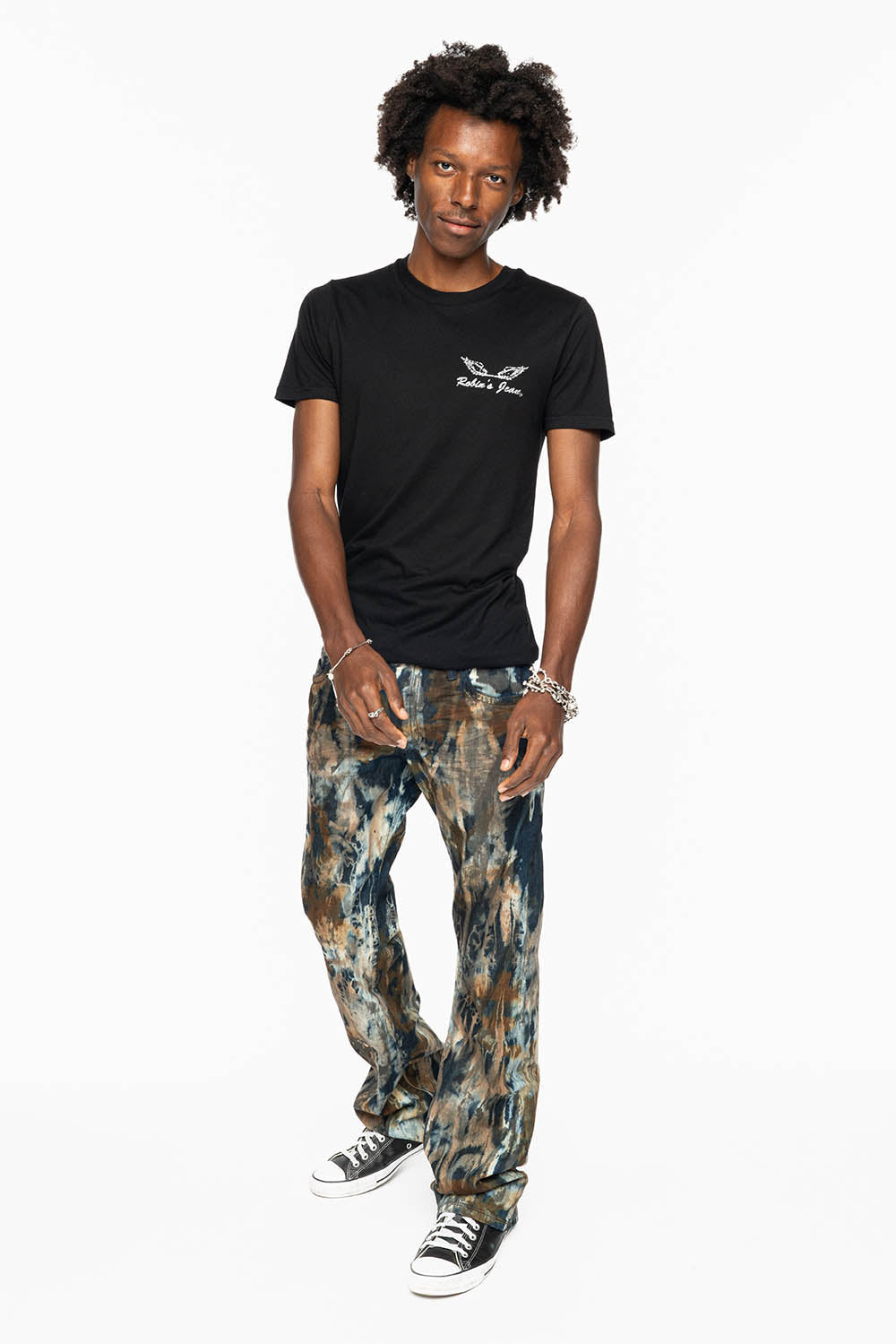 MENS LONG FLAP BOOT CUT JEANS IN BABA BROWN WASH WITH CRYSTALS AND STUDS