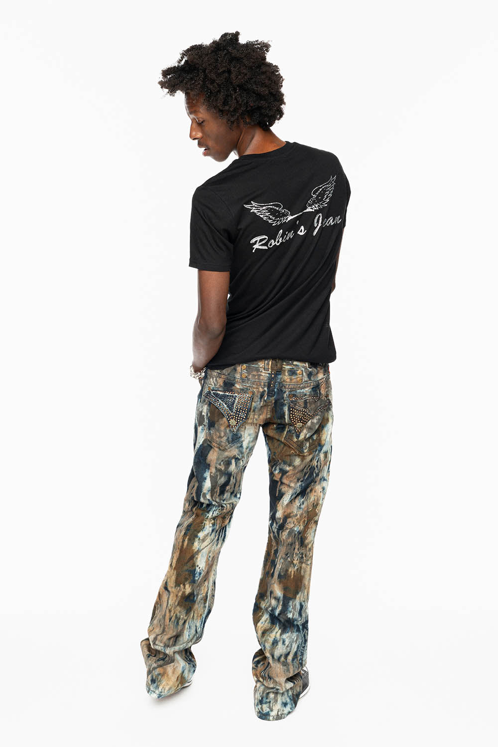 MENS LONG FLAP BOOT CUT JEANS IN BABA BROWN WASH WITH CRYSTALS AND STUDS