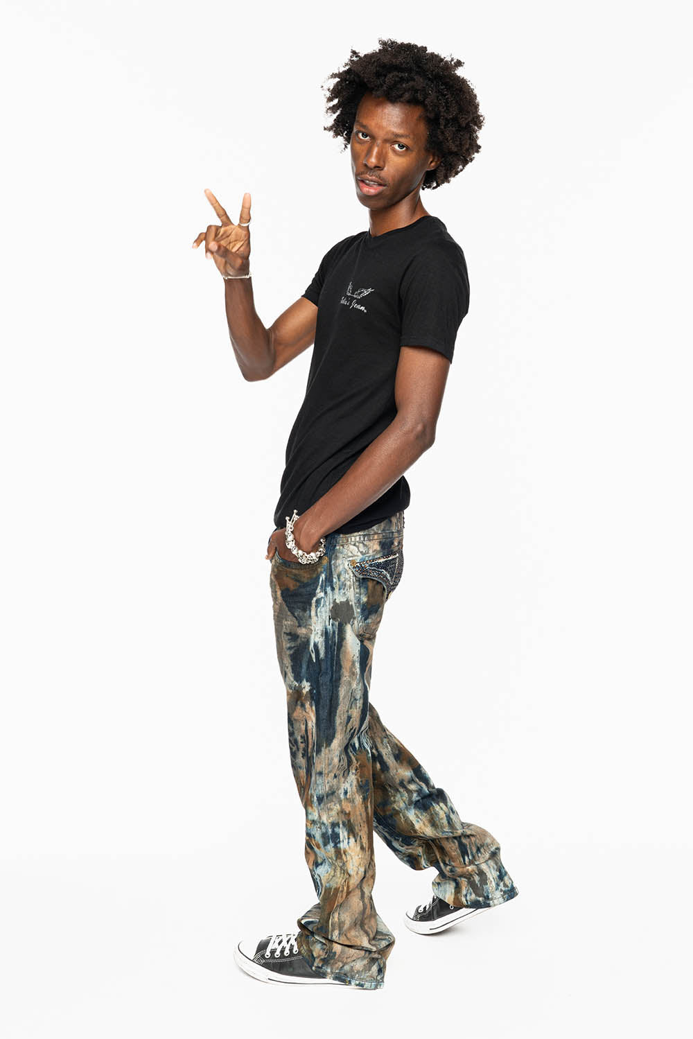 MENS LONG FLAP BOOT CUT JEANS IN BABA BROWN WASH WITH CRYSTALS AND