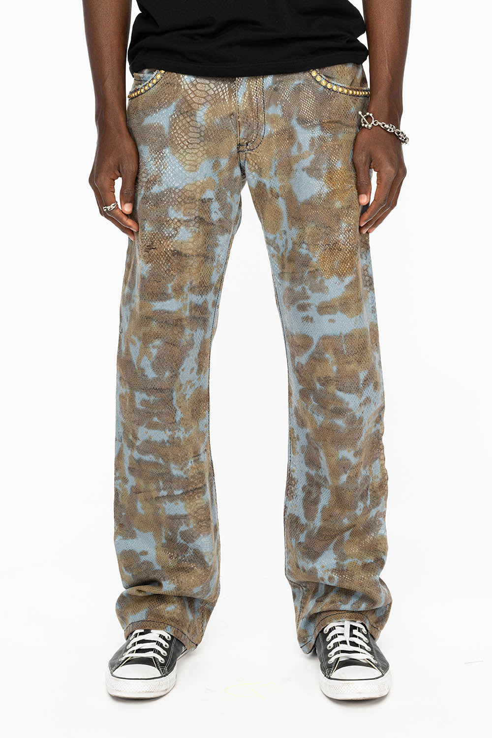 MENS LONG FLAP BOOT CUT JEANS IN SNAKE SKIN WASH WITH CRYSTALS AND STUDS