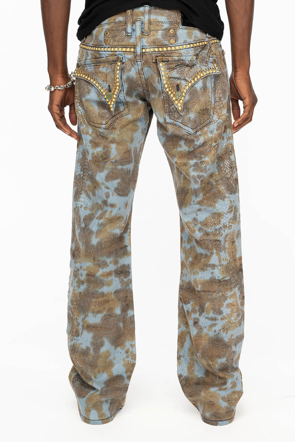 MENS LONG FLAP BOOT CUT JEANS IN SNAKE SKIN WASH WITH CRYSTALS AND STUDS