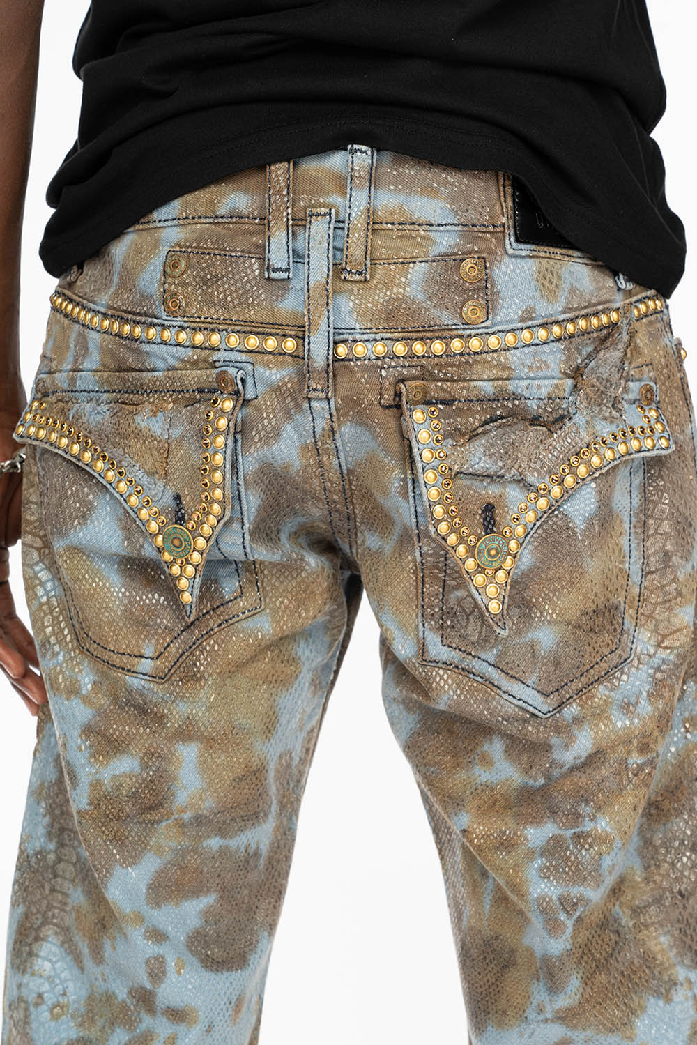 MENS LONG FLAP BOOT CUT JEANS IN SNAKE SKIN WASH WITH CRYSTALS AND STUDS