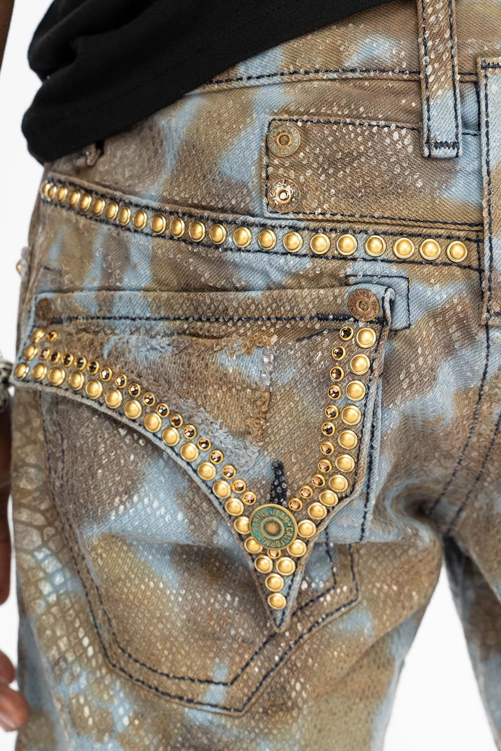 MENS LONG FLAP BOOT CUT JEANS IN SNAKE SKIN WASH WITH CRYSTALS AND STUDS