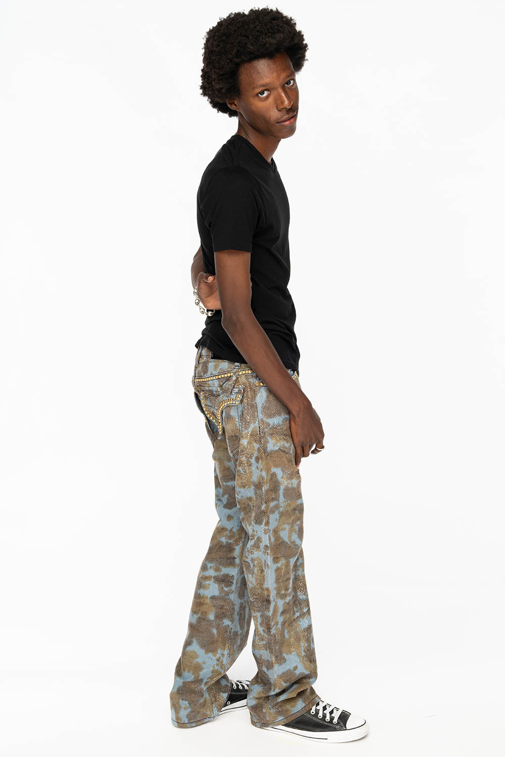 MENS LONG FLAP BOOT CUT JEANS IN SNAKE SKIN WASH WITH CRYSTALS AND STUDS