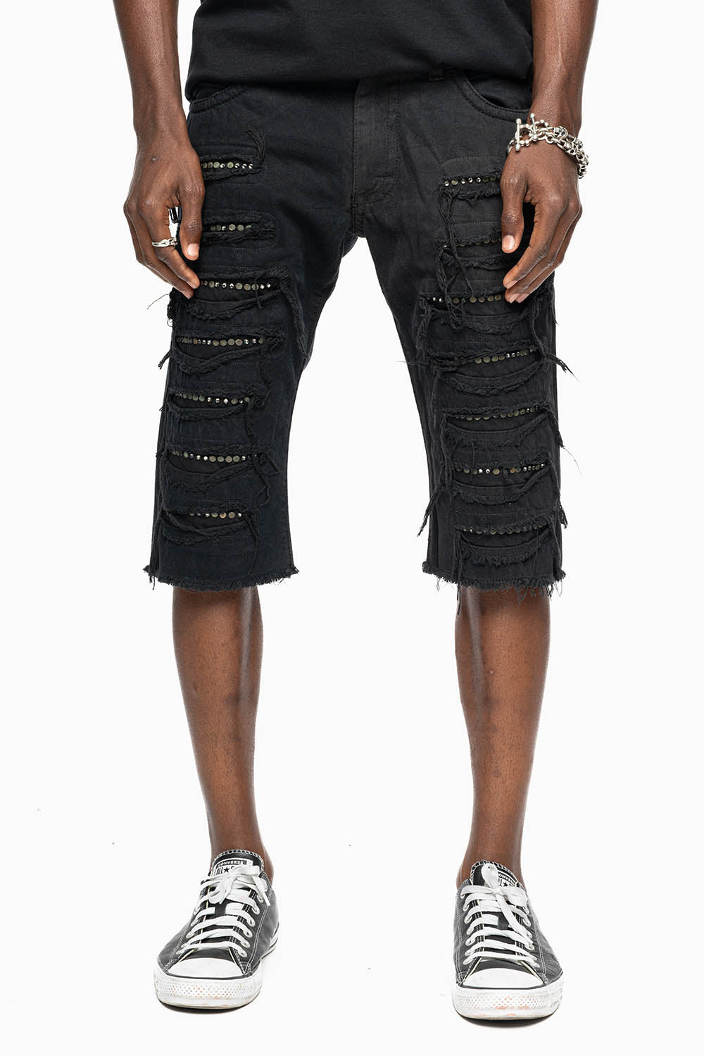 MENS DESTROYED SHORTS WITH KILLER FLAP POCKET IN BLACK WITH BRASS STUDS AND CRYSTALS