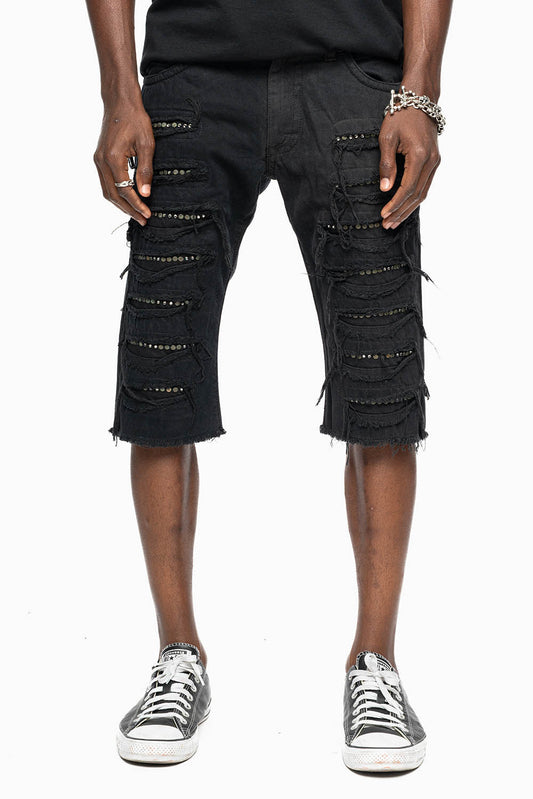 MENS DESTROYED SHORTS WITH KILLER FLAP POCKET IN BLACK WITH BRASS STUDS AND CRYSTALS