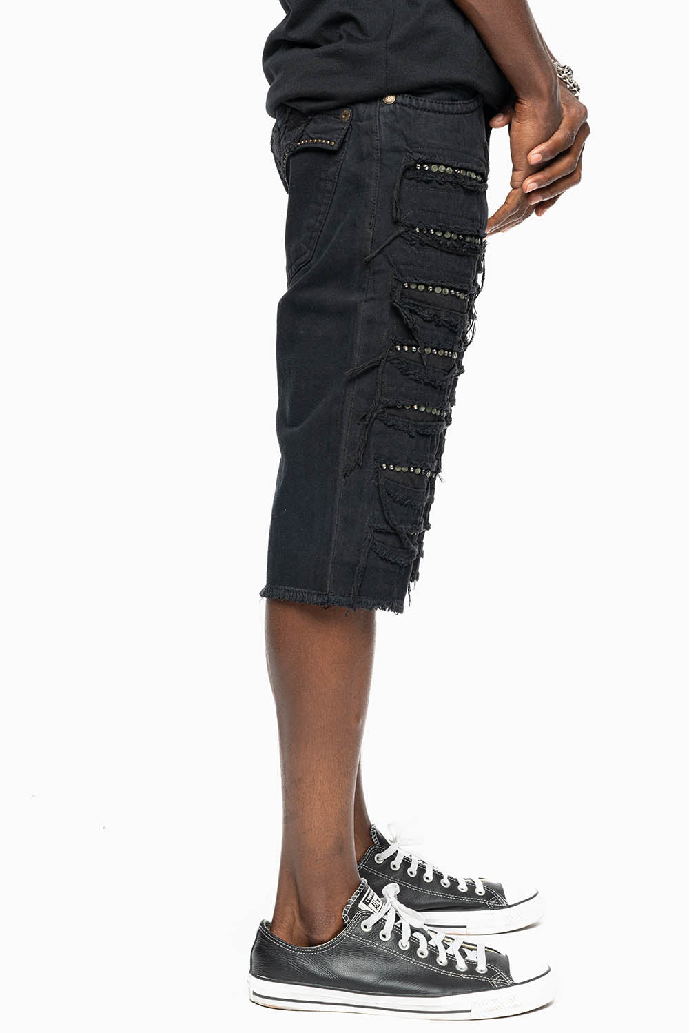MENS DESTROYED SHORTS WITH KILLER FLAP POCKET IN BLACK WITH BRASS STUDS AND CRYSTALS