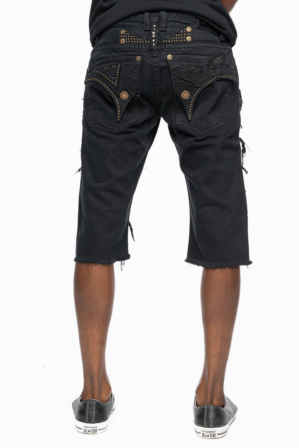 MENS DESTROYED SHORTS WITH KILLER FLAP POCKET IN BLACK WITH BRASS STUDS AND CRYSTALS