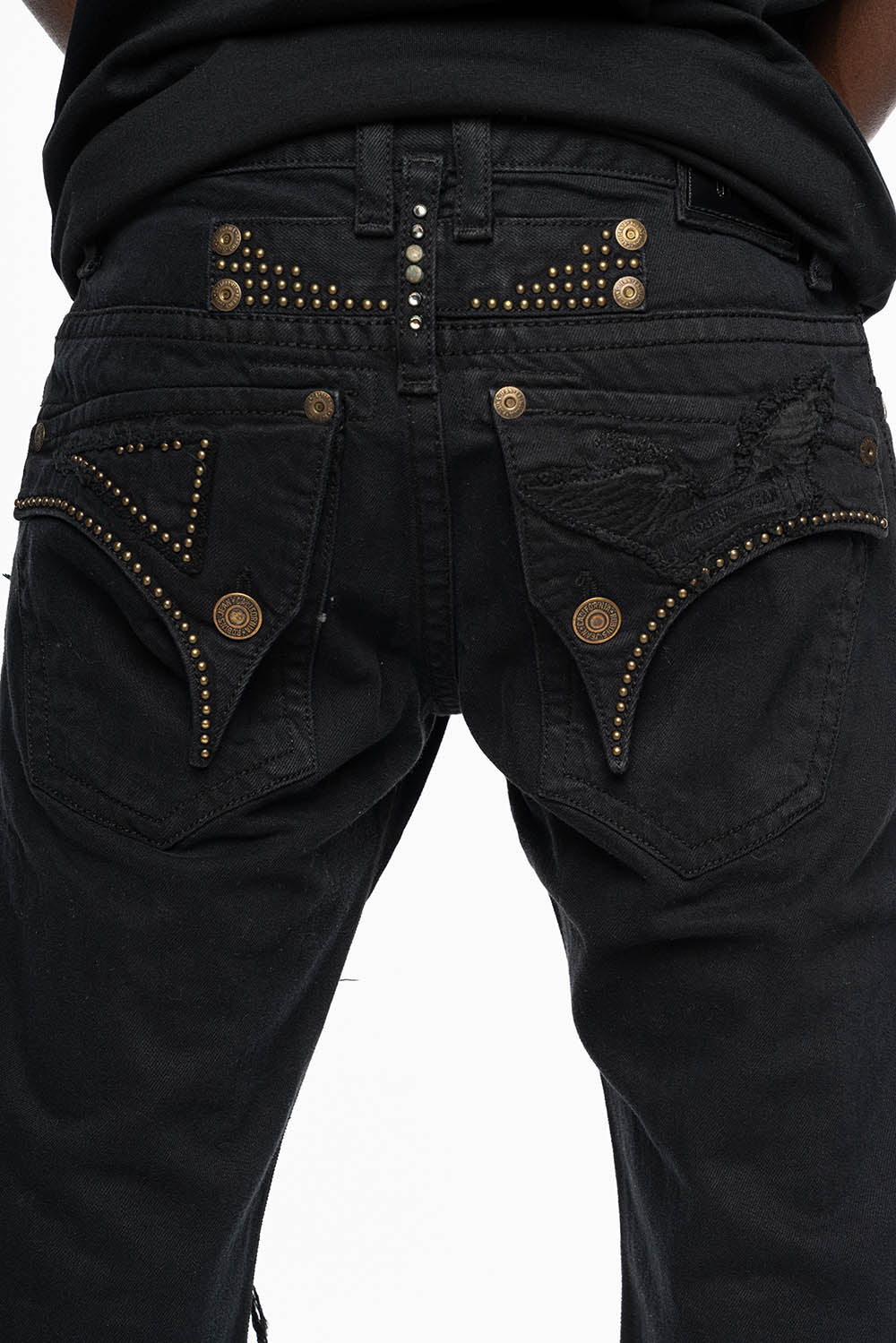 MENS DESTROYED SHORTS WITH KILLER FLAP POCKET IN BLACK WITH BRASS STUDS AND CRYSTALS