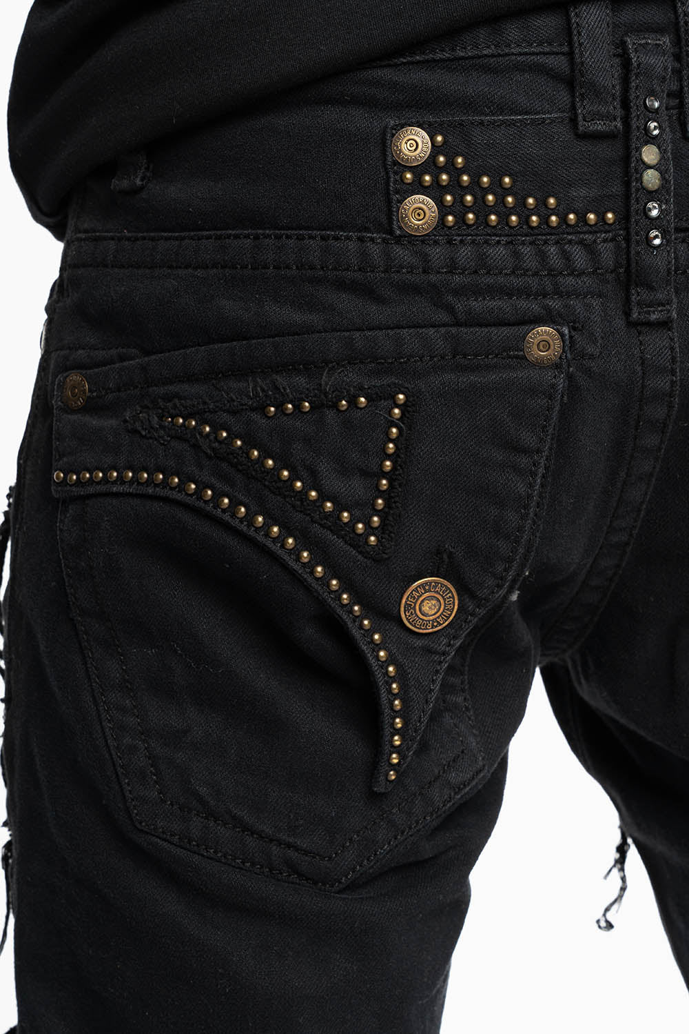 MENS DESTROYED SHORTS WITH KILLER FLAP POCKET IN BLACK WITH BRASS STUDS AND CRYSTALS