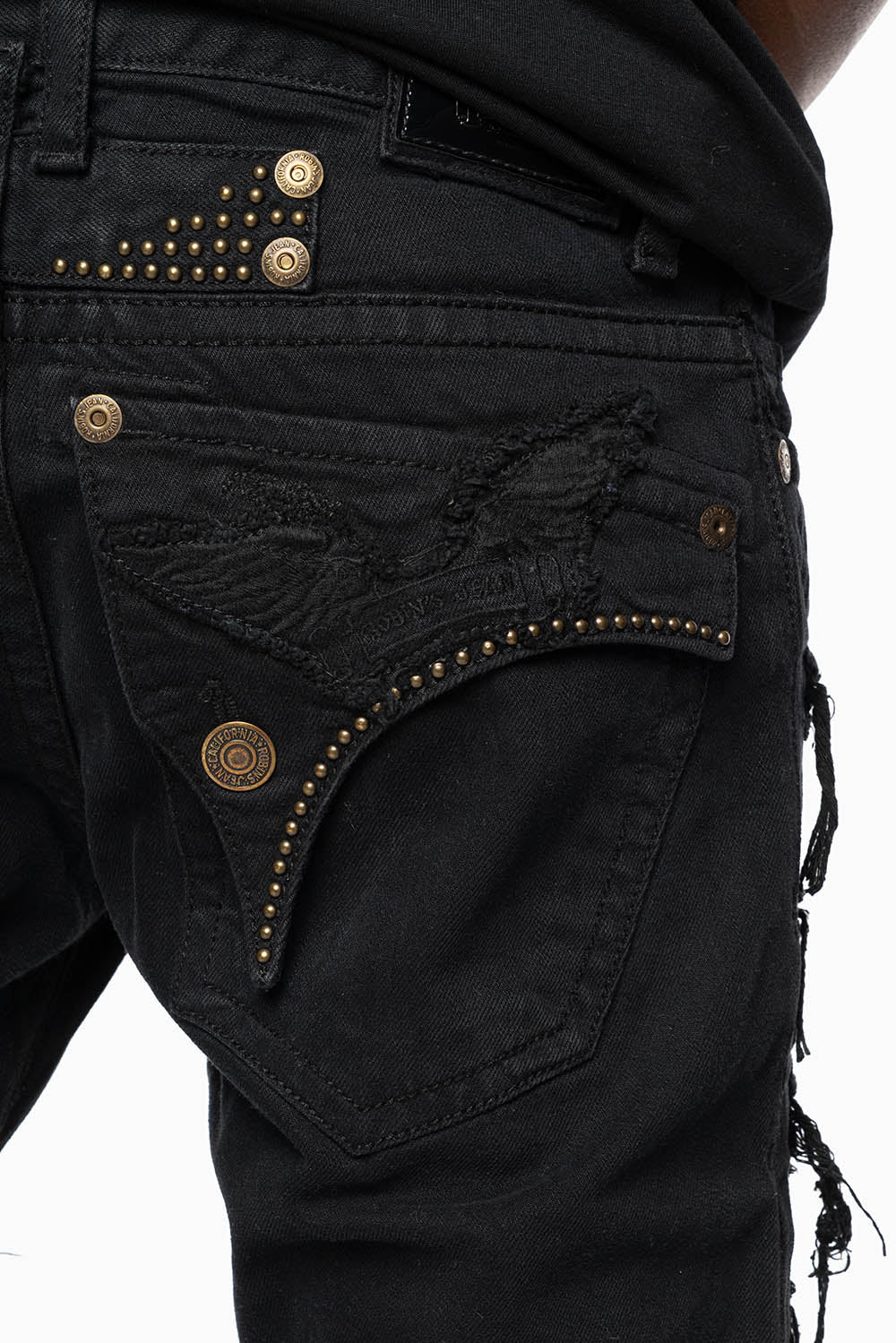 MENS DESTROYED SHORTS WITH KILLER FLAP POCKET IN BLACK WITH BRASS STUDS AND CRYSTALS