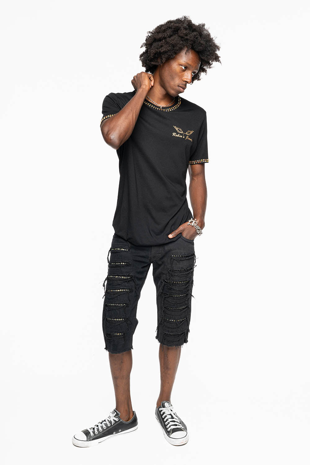 MENS DESTROYED SHORTS WITH KILLER FLAP POCKET IN BLACK WITH BRASS STUDS AND CRYSTALS