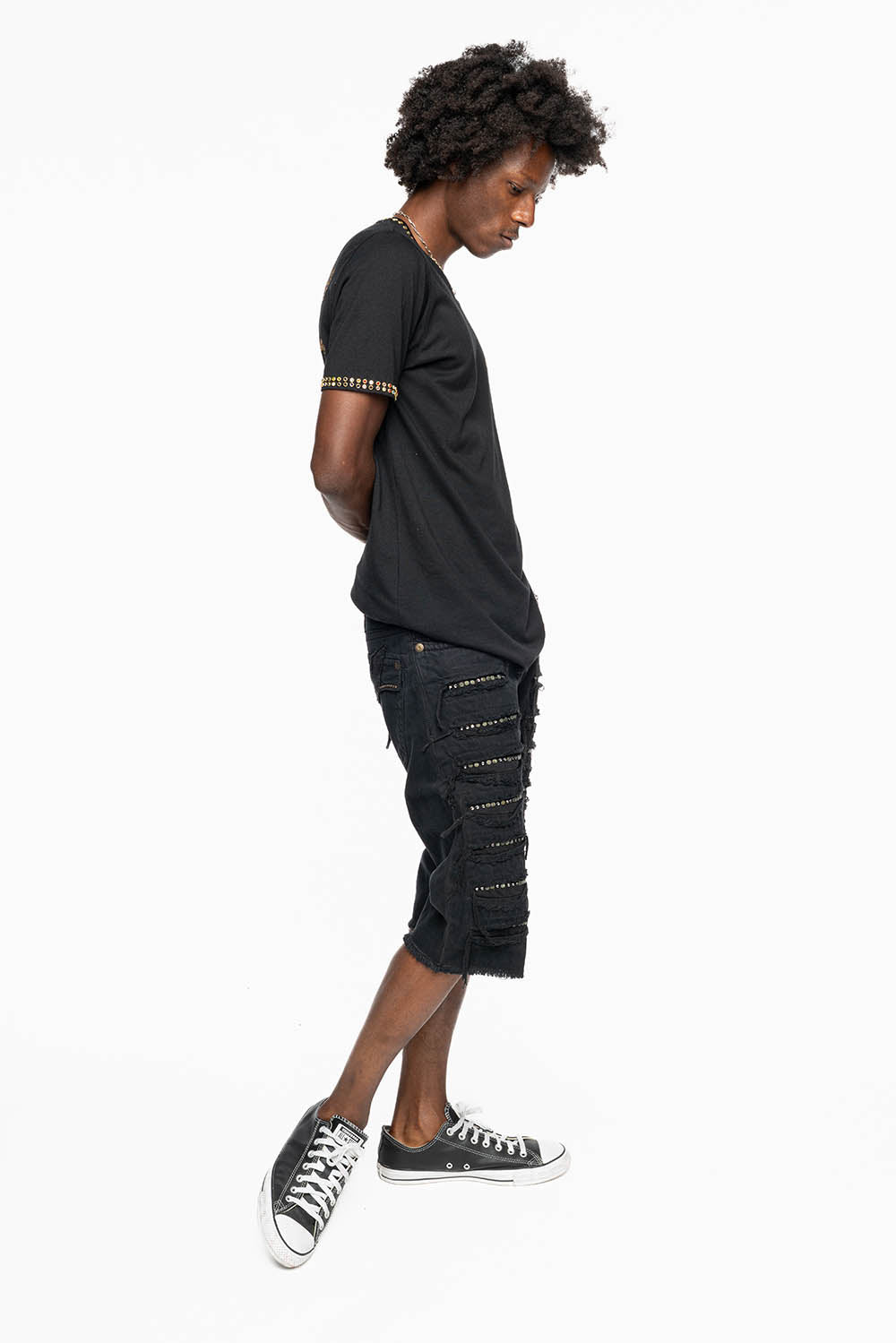 MENS DESTROYED SHORTS WITH KILLER FLAP POCKET IN BLACK WITH BRASS STUDS AND CRYSTALS
