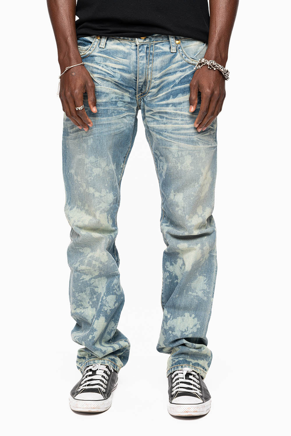 MENS SMALL FLAP POCKET STRAIGHT LEG JEANS IN ODESSA VINTAGE MEDIUM WASH WITH CRYSTALS